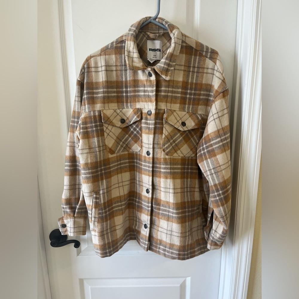 RSQ Women’s Large Tan and Cream Window Pane Plaid Wool Blend Shacket Jacket